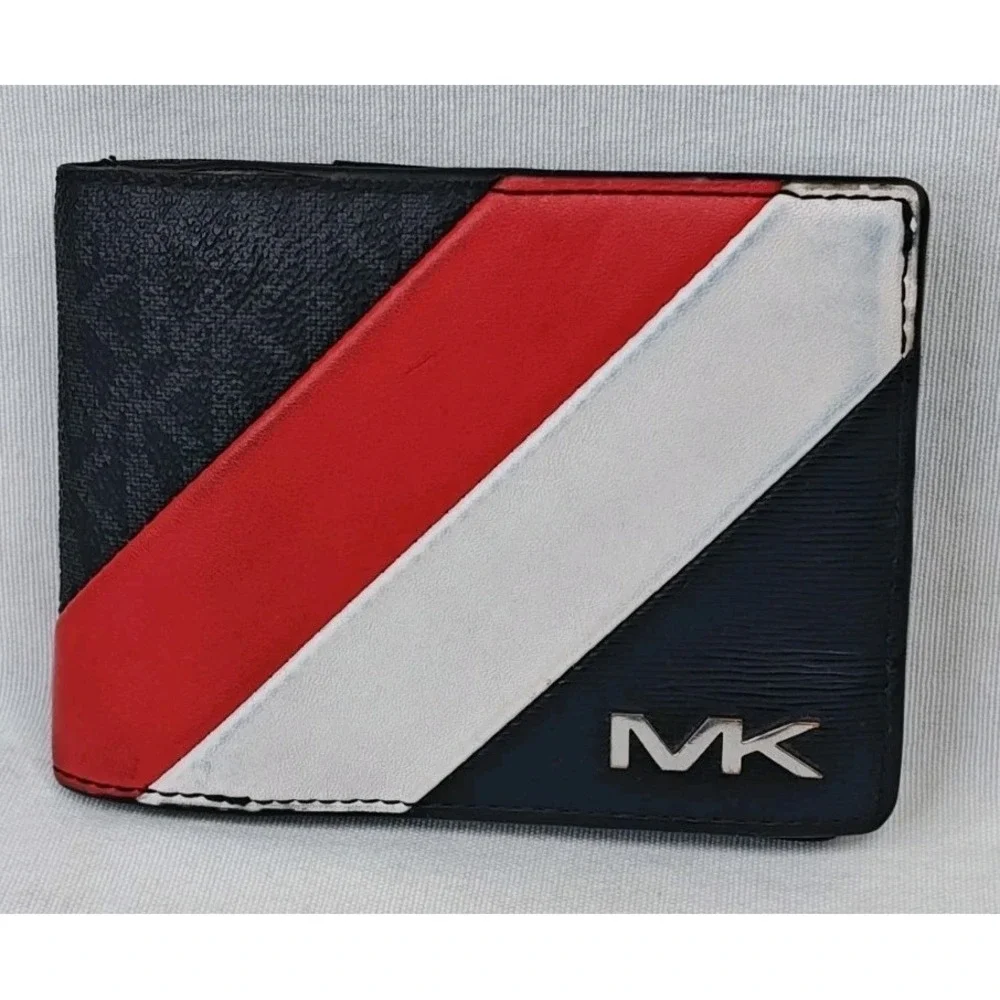 Michael‎ Kors MK Cooper Logo Stripe Billfold Wallet Black Red White 36F3GFLF1B